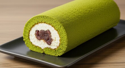 Matcha Swiss Roll Cake with Red Bean Filling on Black Plate
