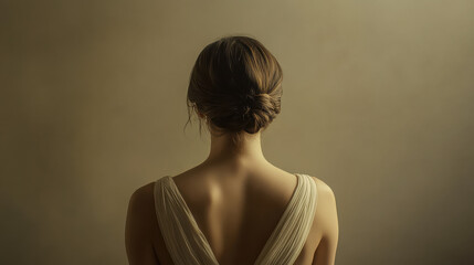 A stunning portrait of a woman viewed from behind, wearing a flowing ivory dress, her hair styled in an elegant low bun