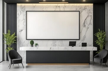White marble wall mockup with a blank screen on a reception desk in a modern office interior. Front view of a digital display hanging above a black wooden counter, front perspective