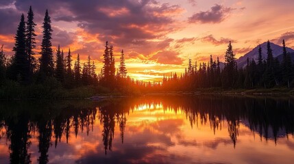 Obraz premium Captivating Sunset Over Secluded Lake Surrounded by Tall Pines
