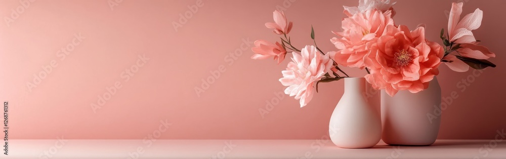 Poster Elegant coral flower arrangement placed on a smooth surface against a soft coral backdrop in a serene setting