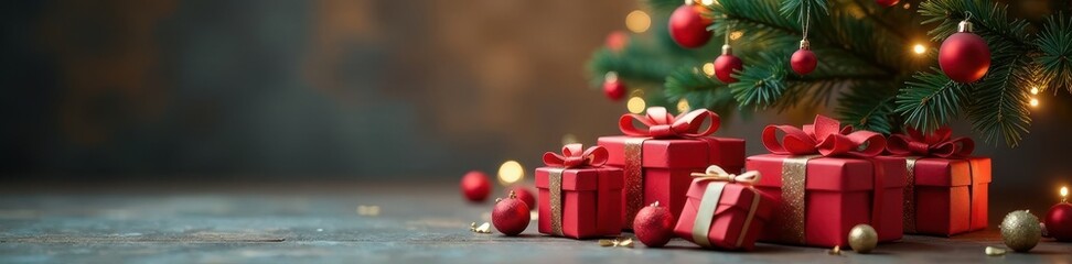 Several gift boxes, various sizes, near a decorated tree , festive, winter
