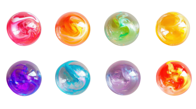 Eight colorful marbles with swirling colors on transparent background