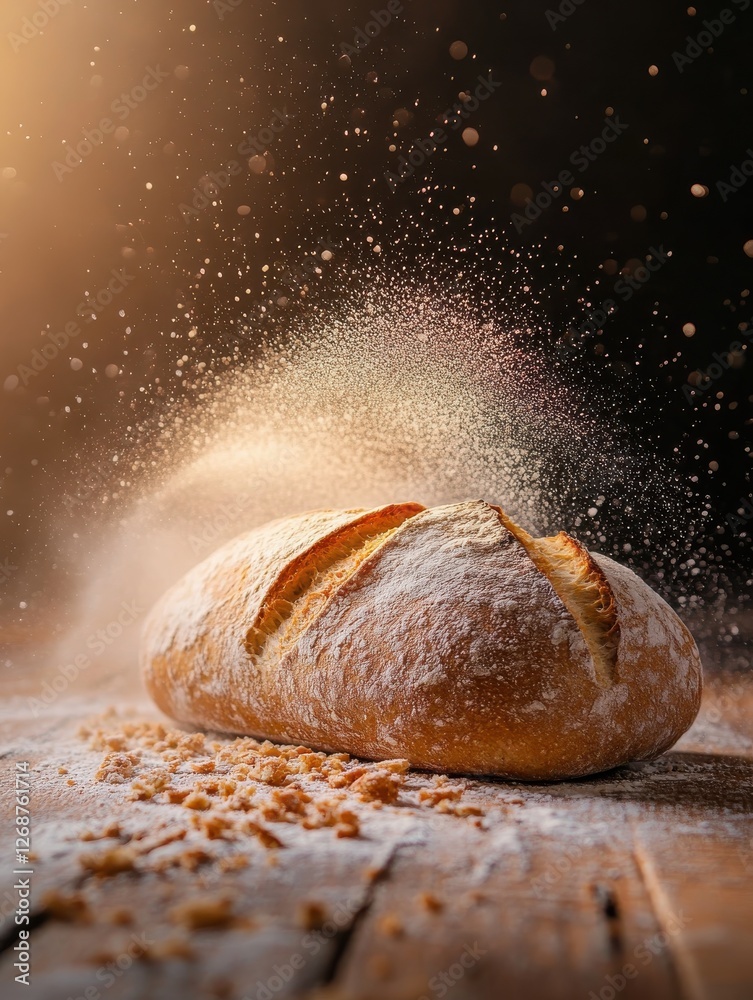 Poster rustic loaf of bread dusted with flour resting on a wooden surface