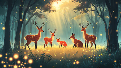 Futuristic Wildlife Harmony with Luminous Animal Forms in a Mystical Natural Setting