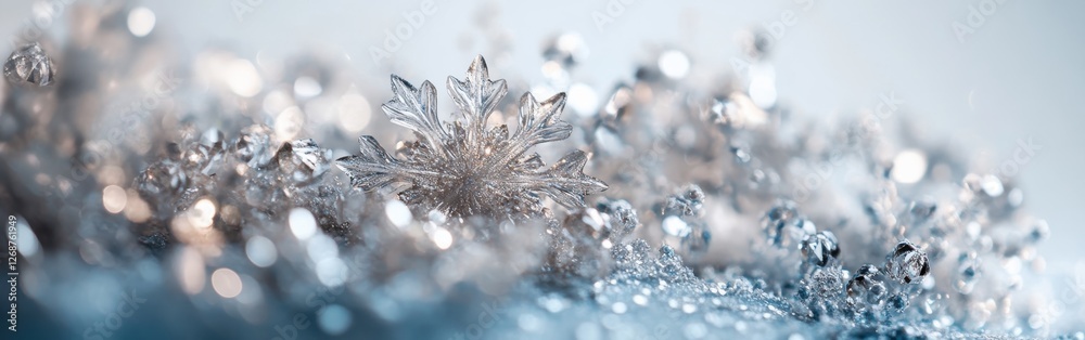 Poster ethereal icy background with intricate snowflakes and sparkling details creating a winter wonderland
