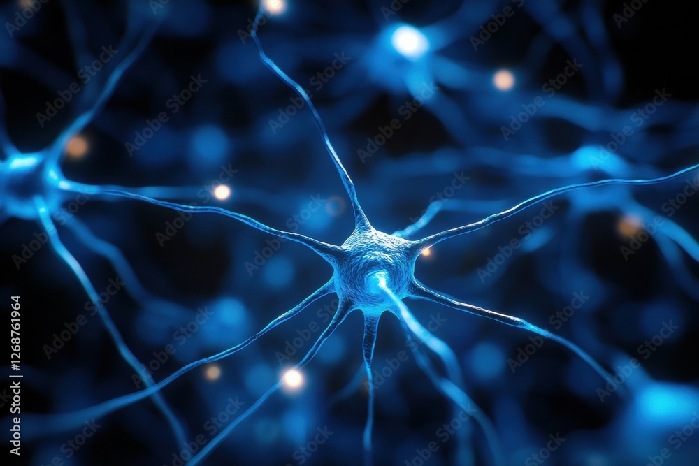 Poster neural connections illuminated with blue light showcasing intricate structures of neurons in a digit