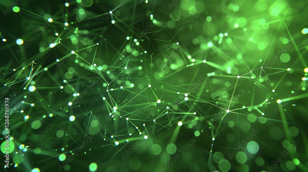 Wall mural glowing green particles form a complex network of connections in this abstract illustration.