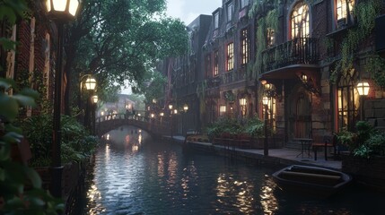 Fototapeta premium Dreamy Twilight Scene of Quiet Canal with Lush Greenery and Lights