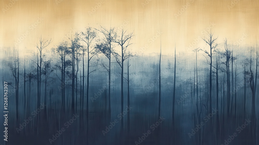 Poster abstract representation of a forest with muted colors showcasing silhouettes of trees in twilight