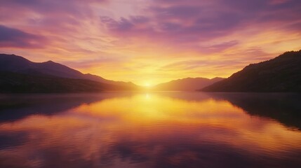 Serene Sunrise Over Mountain Lake with Colorful Reflection