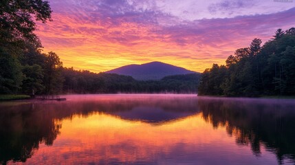 Naklejka premium Serene Sunrise Over Mountain and Lake with Colorful Sky Reflections