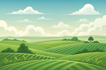 Obraz premium Rolling green farmland landscape, sunny day, idyllic rural scene, agriculture illustration