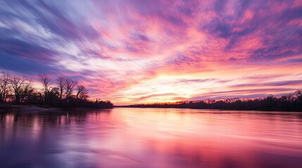 Obraz premium Dynamic Long Exposure of Colorful Sunset Over Calm River Surface