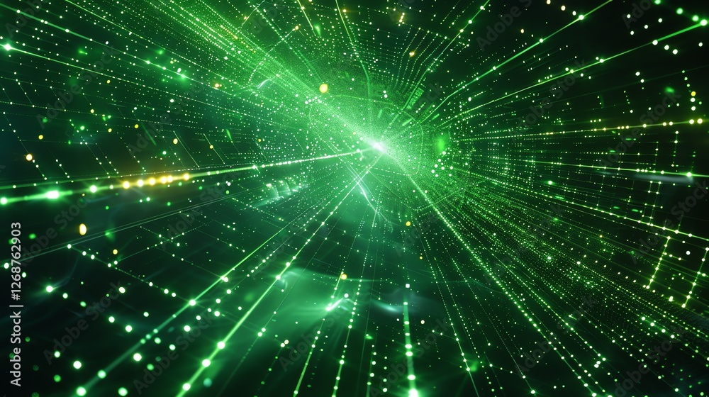 Wall mural 3d illustration of a green glowing particle field with a sense of speed and depth.