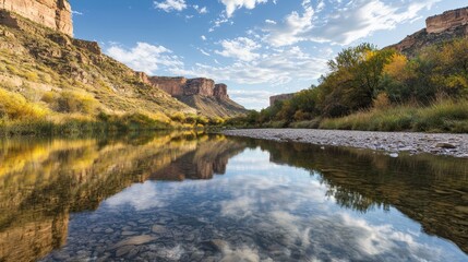 Fototapeta premium Serene Mountain Stream Reflecting Clouds in a Tranquil Landscape