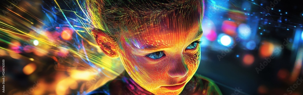 Poster Vibrant visualization capturing a child's face with unique colors and patterns in a dynamic setting