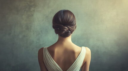 A stunning portrait of a woman viewed from behind, wearing a flowing ivory dress, her hair styled in an elegant low bun