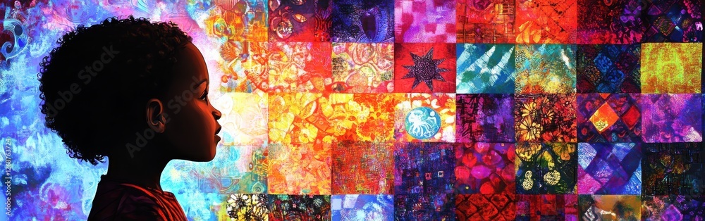 Poster child illuminated by vibrant colors against a textured backdrop showcasing creativity and imaginatio