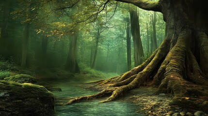 Fototapeta premium A forest background image showcasing an ancient forest with towering trees and roots that intertwine