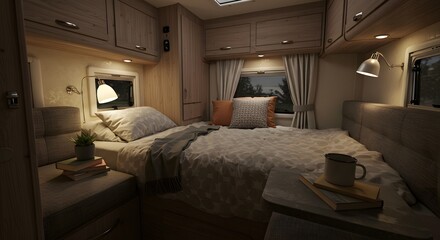Cozy Camper Van Bedroom Interior with Neutral Decor and Warm Lighting