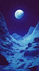 Naklejka premium Moon shines over a desolate snow covered mountainous landscape
