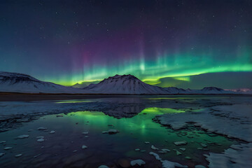 Naklejka premium Aurora northern lights in night sky with starry sky over arctic mountains reflecting on ice shore landscape, aurora borealis is a beautiful arctic polar nature phenomenon for a travel destination