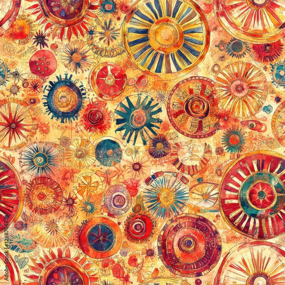 Aufkleber vibrant watercolor doodle design featuring intricate circles and floral patterns in various bright c