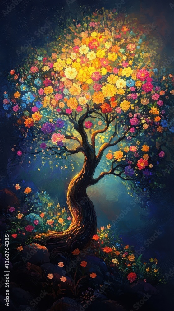 Aufkleber vibrant tree adorned with colorful flowers radiating light in a mystical forest setting at dusk