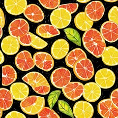 Vibrant watercolor doodle of assorted citrus fruits on a black background showcasing bright colors and playful designs