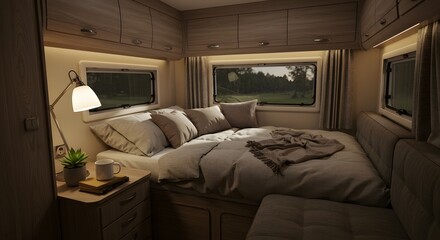 Cozy Caravan Interior with Bed Nightstand and Lamp for Relaxing Travel