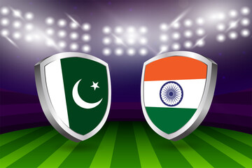 India vs Pakistan flag shields on a stadium background, cricket championship competition vector illustration	