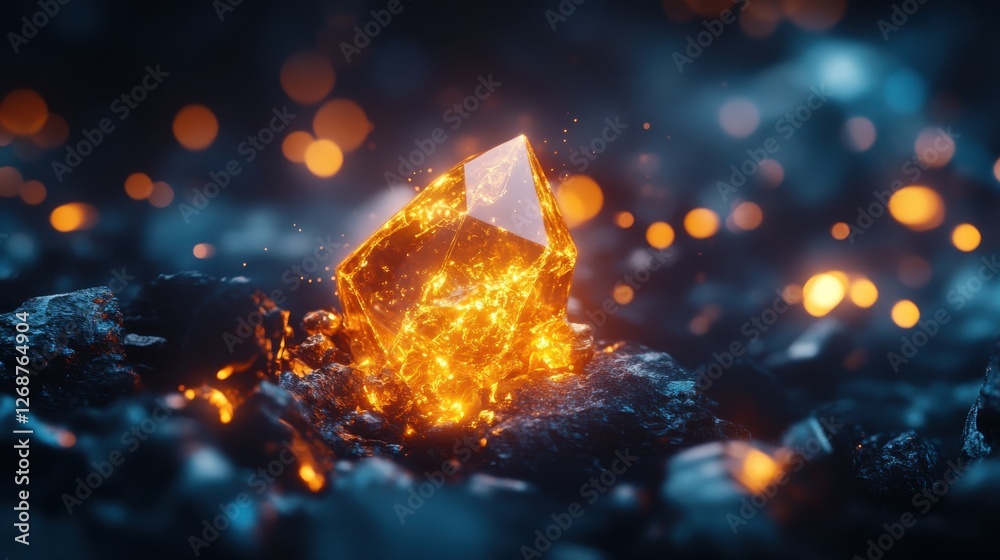 Aufkleber symbolic depiction of collectible crystal illuminated by warm light in a dark environment with glowi