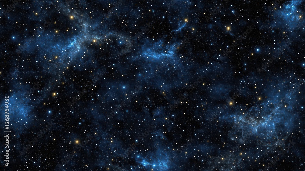 Poster cosmic texture featuring deep blues and shimmering stars in a vast expanse of space during the night