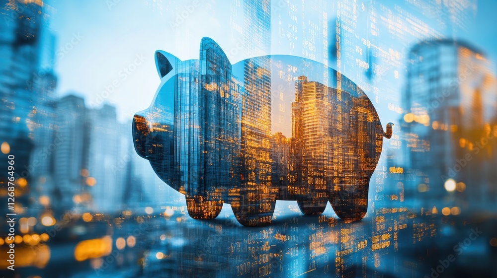Poster conceptual representation of saving money through a double exposure of a piggy bank and a city skyli