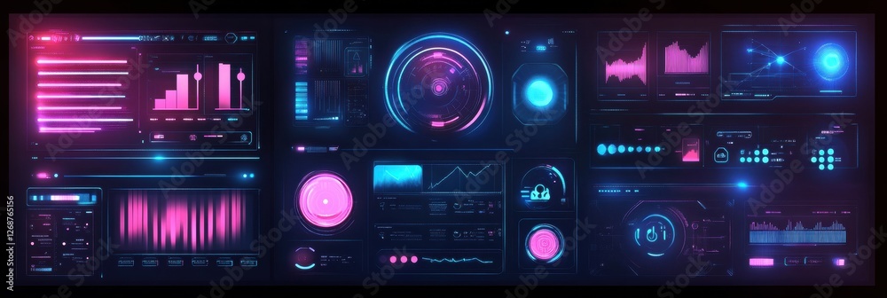 Poster futuristic digital dashboard displaying data analytics and visualizations in vibrant colors. generat