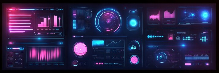 Obraz premium Futuristic digital dashboard displaying data analytics and visualizations in vibrant colors. Generative AI