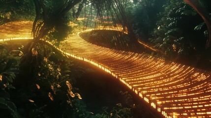 Glowing futuristic pathway winding through a vibrant jungle at dusk