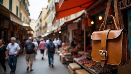 Obraz premium Crowded flea market, Vivid market stalls artisan leather goods in focus bustling lanes