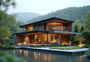 Obraz premium modern house at the lake, moody mountain forest background, water reflection, 3d render, 3d illustration 