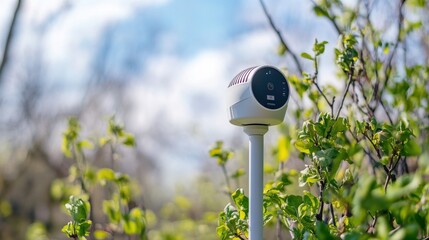 Smart weather station monitors conditions in a backyard setting with greenery and a clear sky