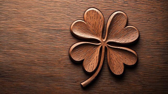 close up of hand carved wooden shamrock on textured surface