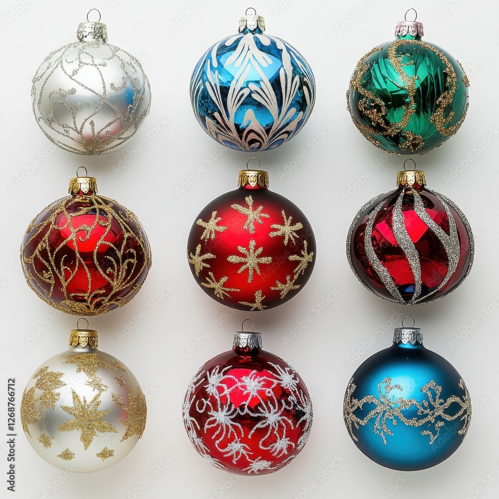 Poster decorative glass christmas ornaments featuring intricate designs in multiple colors and patterns for