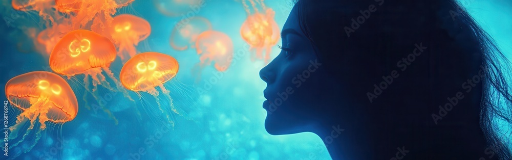 Aufkleber portrait of a woman illuminated by vibrant jellyfish in an underwater setting during twilight hours