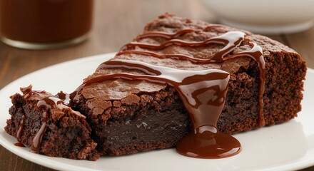 Chocolate Brownie Slice with Sauce on Plate Indulgent Dessert Treat