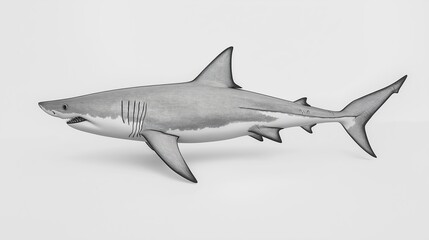 Fototapeta premium black and white illustration of a great white shark. The shark is shown in a side view, with its body facing towards the left side of the image
