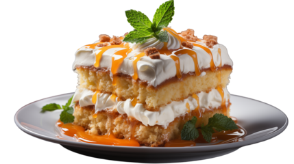 Creamy Orange Cake Layered Dessert, Sweet Treat with Mint for Food Displays, isolated on transparent background.