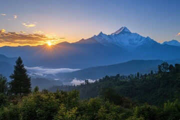 A serene landscape wallpaper with a remarkable view of snow-capped mountains at sunrise