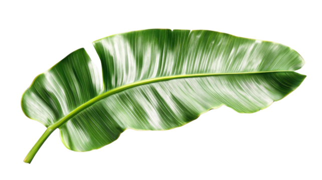 Single vibrant green banana leaf isolated on transparent background