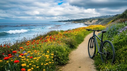 Obraz premium Peaceful bike ride along a coastal path adorned with vibrant wildflowers under a cloudy sky